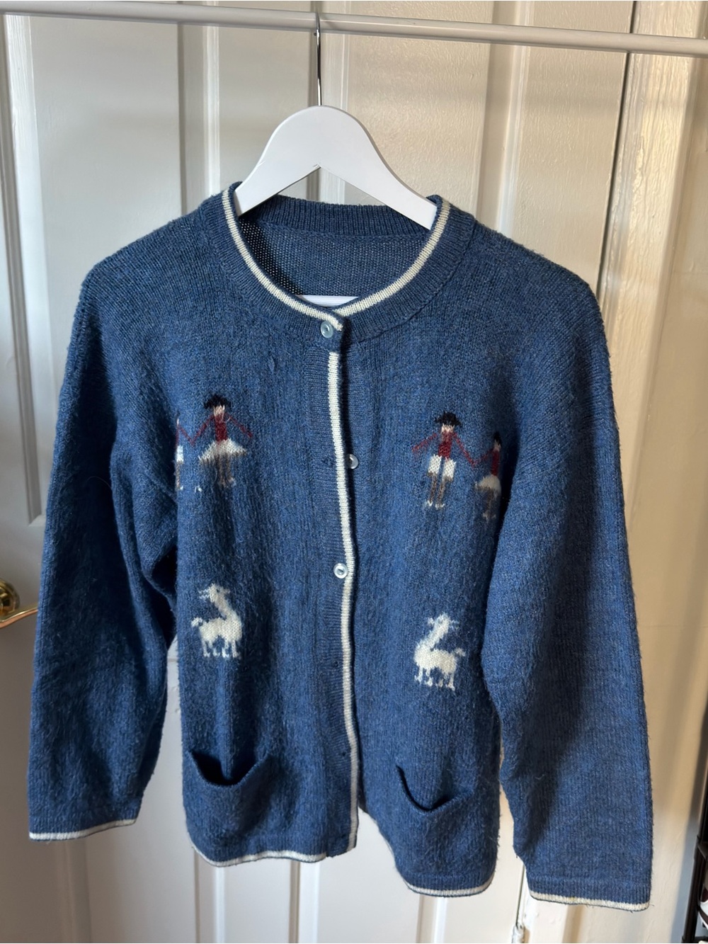 Blue Cardigan Sweater with Peruvian Alpaca Motif